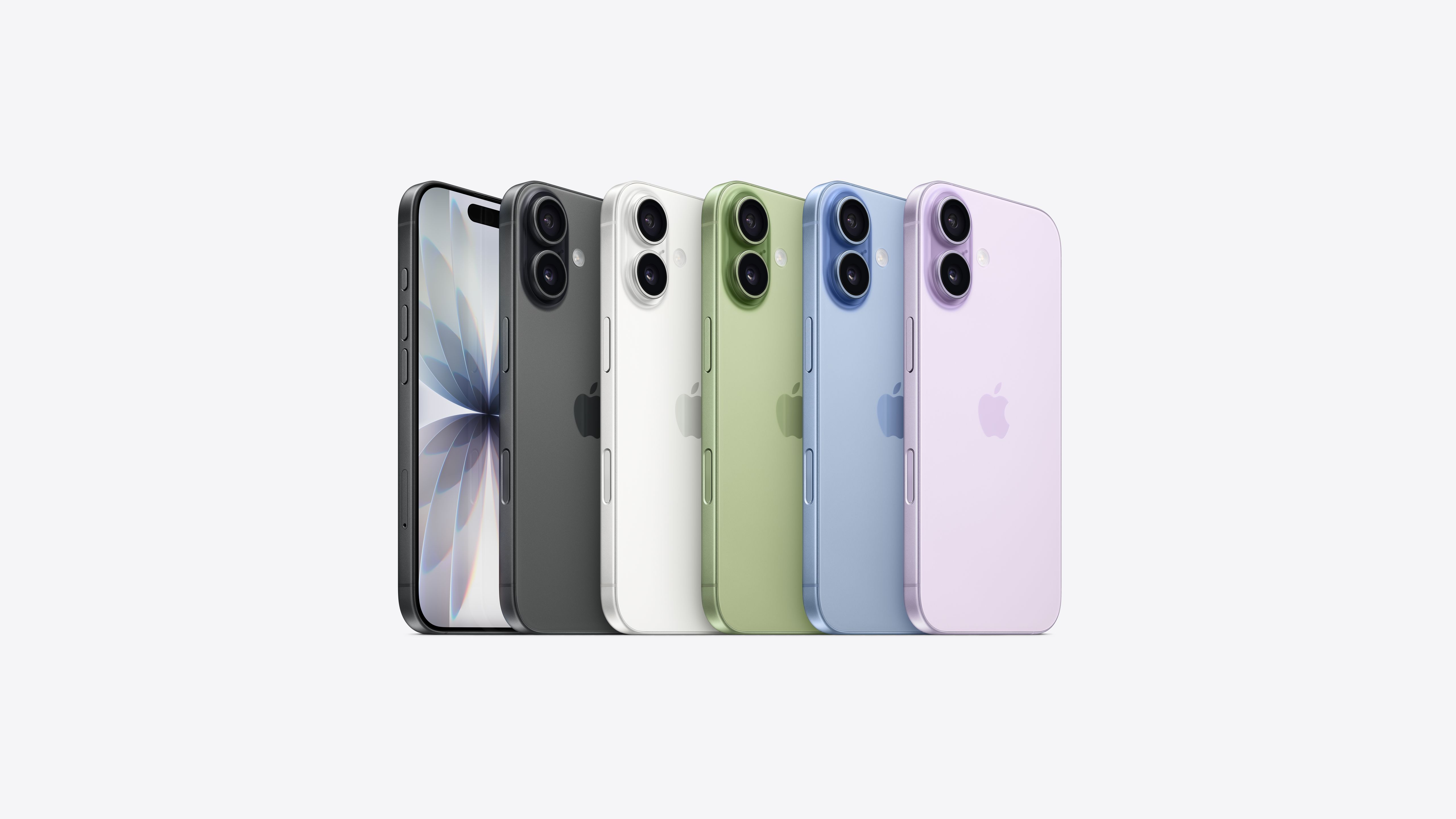 iPhone 17 全部五種顏色：黑色、白色、鼠尾草綠色、霧藍色、薰衣草紫色