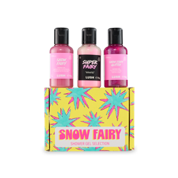 Snow Fairy Shower Gel Selection. A rectangular cardboard box designed with a yellow base colour and large pink and blue stars and pink text. Three different Snow Fairy shower gel bottles sit on top of the box. 
